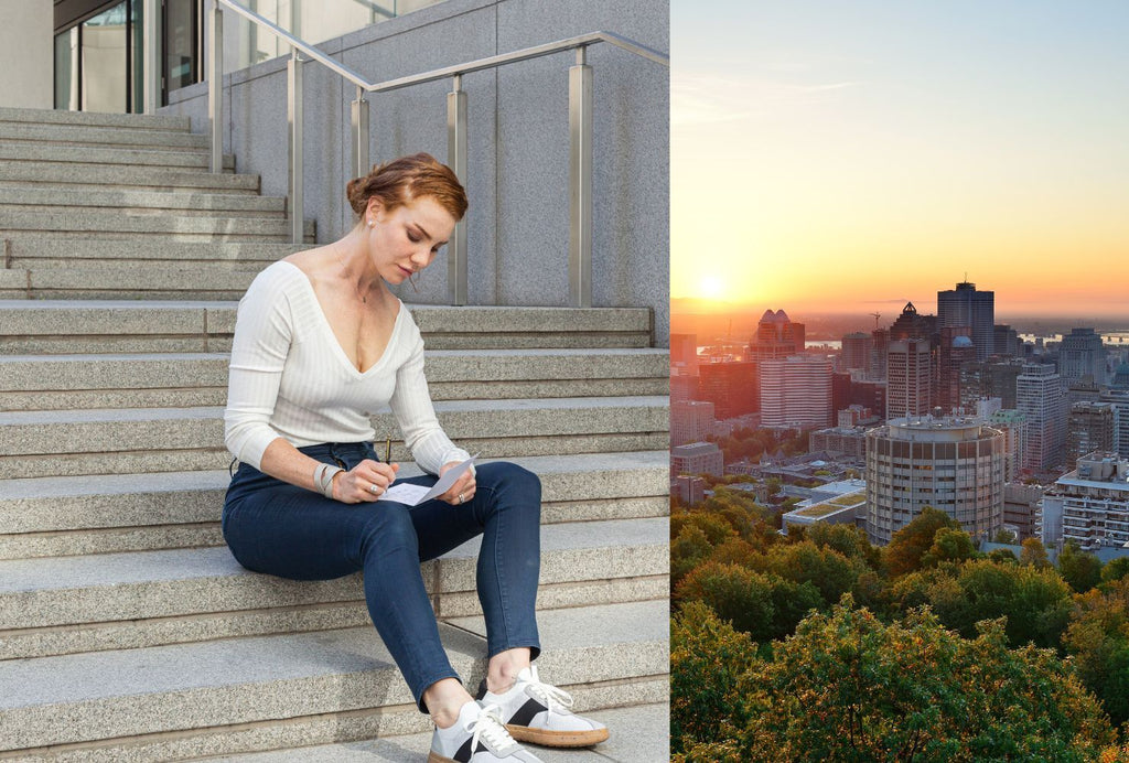 A collage of two pictures side by side. The first picture is Erica Bianchini sitting on the stairs in Volvo x Casca white and black sneakers. The second picture is a sunset overlooking Montreal's skyline.