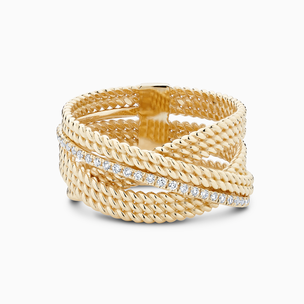 The Ecksand Diamond Pavé Twisted Gold Cuff Ring shown with Natural VS2+/ F+ in 14k Yellow Gold