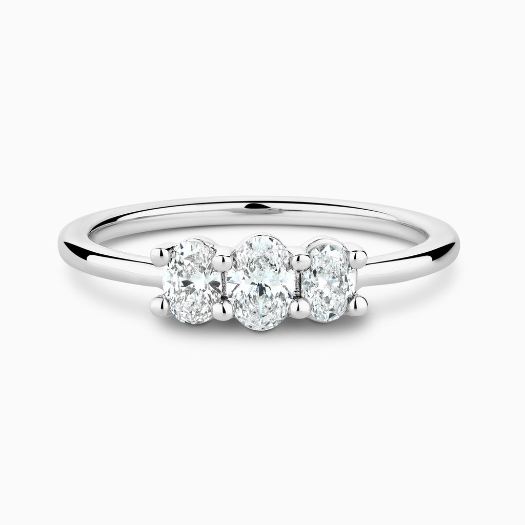 The Ecksand Three-Stone Oval-Cut Diamond Ring shown with Lab-grown 0.25 ctw, VS2+/ F+ in 18k White Gold