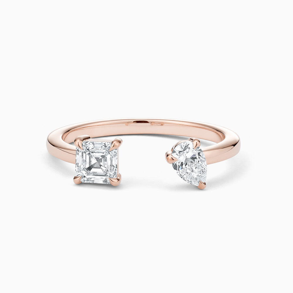The Ecksand Wrap Around Pear and Asscher-Cut Diamond Ring shown with Lab-grown VS2+/ F+ in 18k Rose Gold