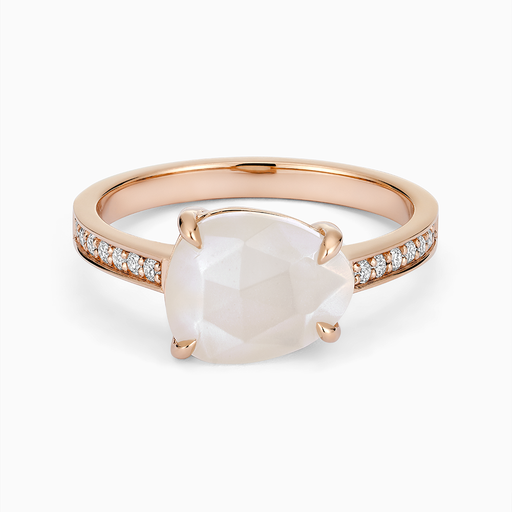 The Ecksand Moonstone East-West Cocktail Ring with Diamond Pave shown with Lab-grown VS2+/ F+ in 14k Rose Gold