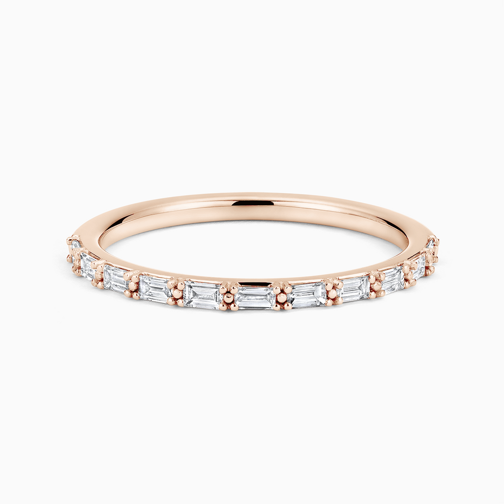 The Ecksand Baguette Diamond Wedding Ring with Prong Detail shown with Natural VS2+/ F+ in 14k Rose Gold