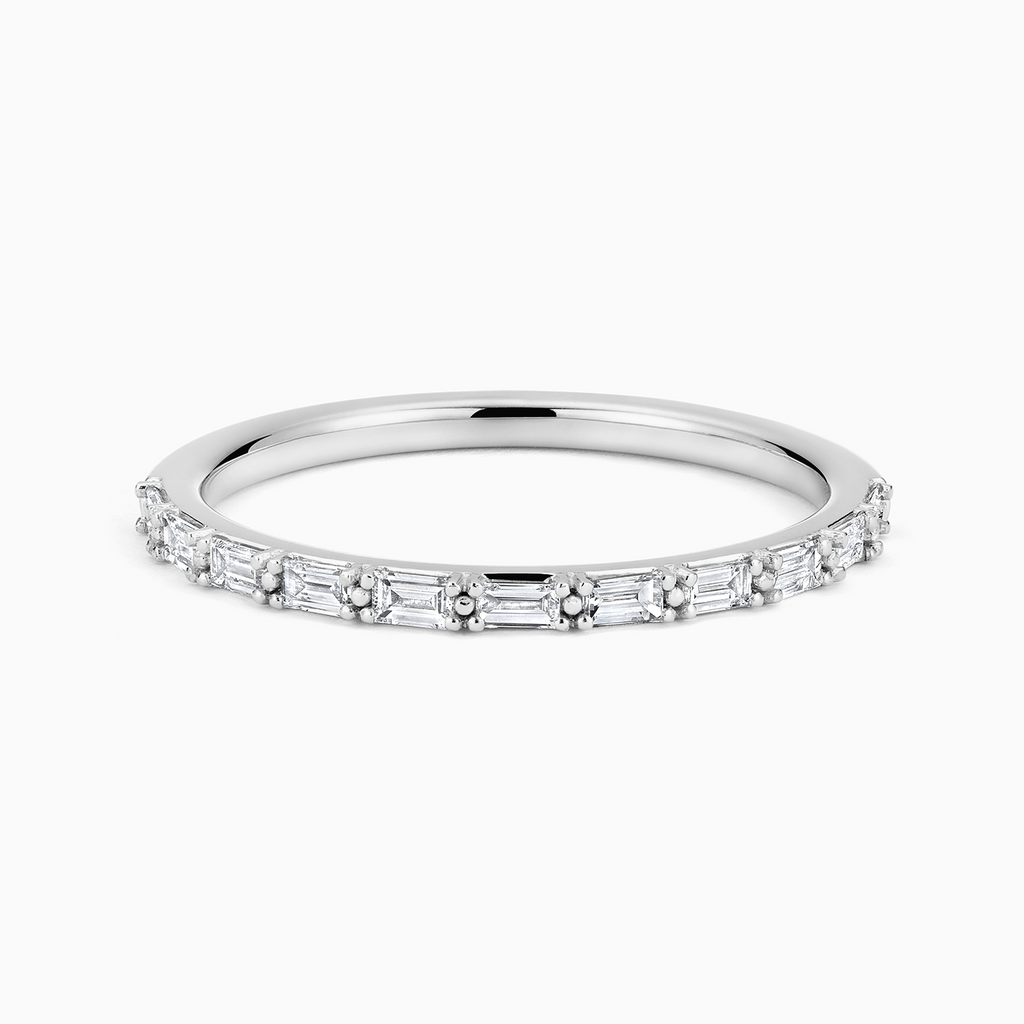 The Ecksand Baguette Diamond Wedding Ring with Prong Detail shown with Natural VS2+/ F+ in 14k White Gold