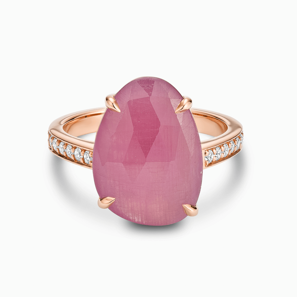 The Ecksand Large Rose-Cut Pink Sapphire Cocktail Ring with Diamond Pavé shown with Lab-grown VS2+/ F+ in 14k Rose Gold