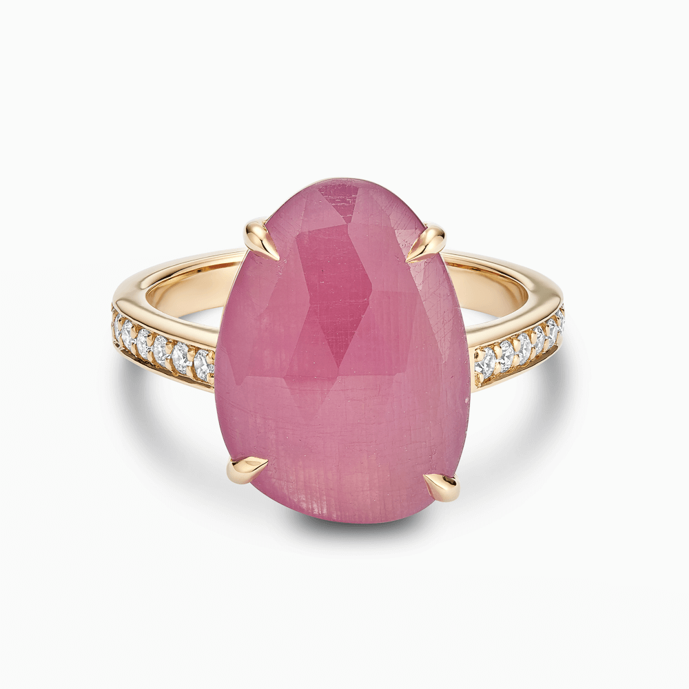 The Ecksand Large Rose-Cut Pink Sapphire Cocktail Ring with Diamond Pavé shown with Lab-grown VS2+/ F+ in 14k Yellow Gold