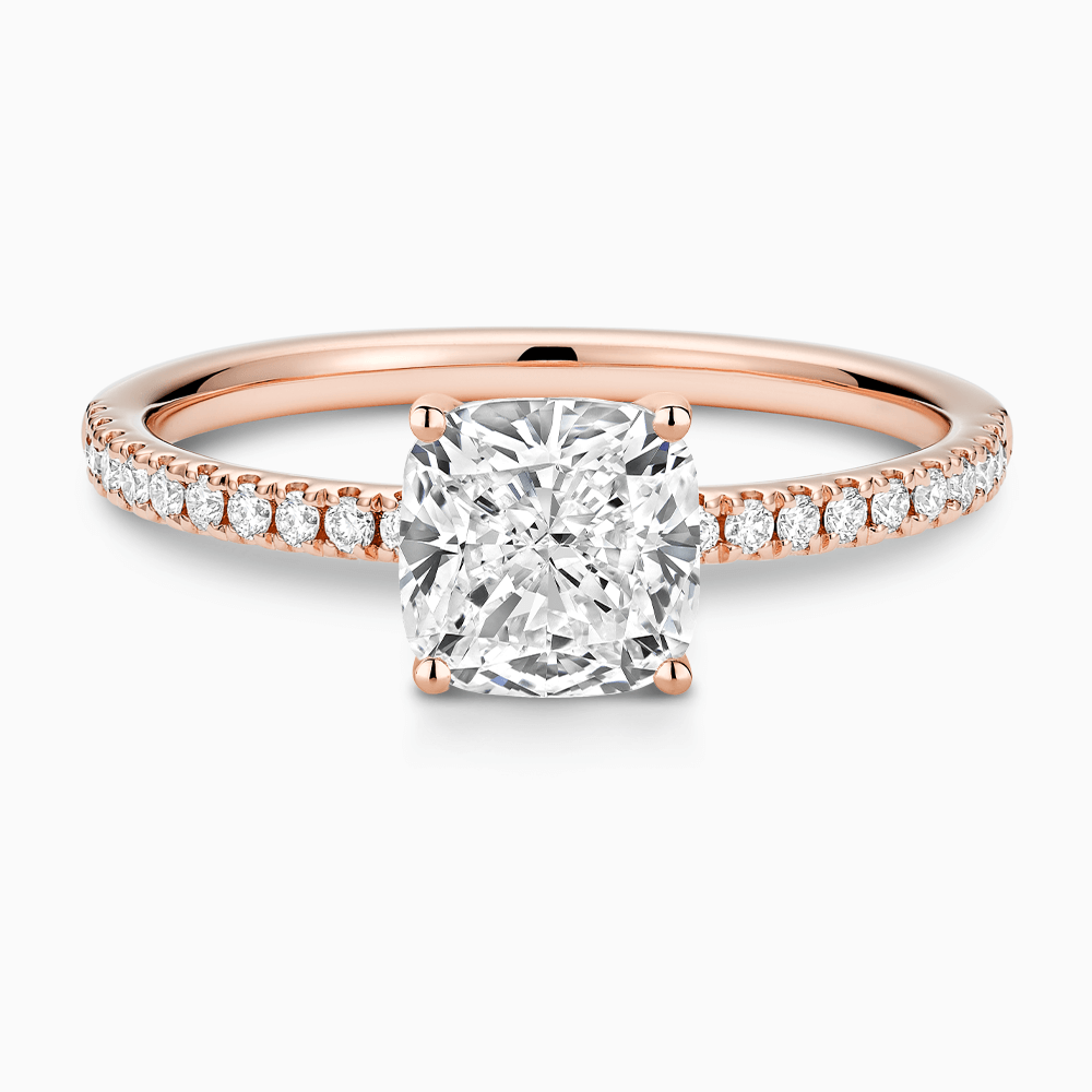 The Ecksand Basket-Setting Diamond Engagement Ring with Diamond Bridge shown with Cushion in 14k Rose Gold