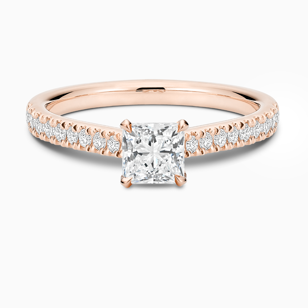 The Ecksand Love-Knot Diamond Engagement Ring with Eagle Prongs shown with Princess in 14k Rose Gold