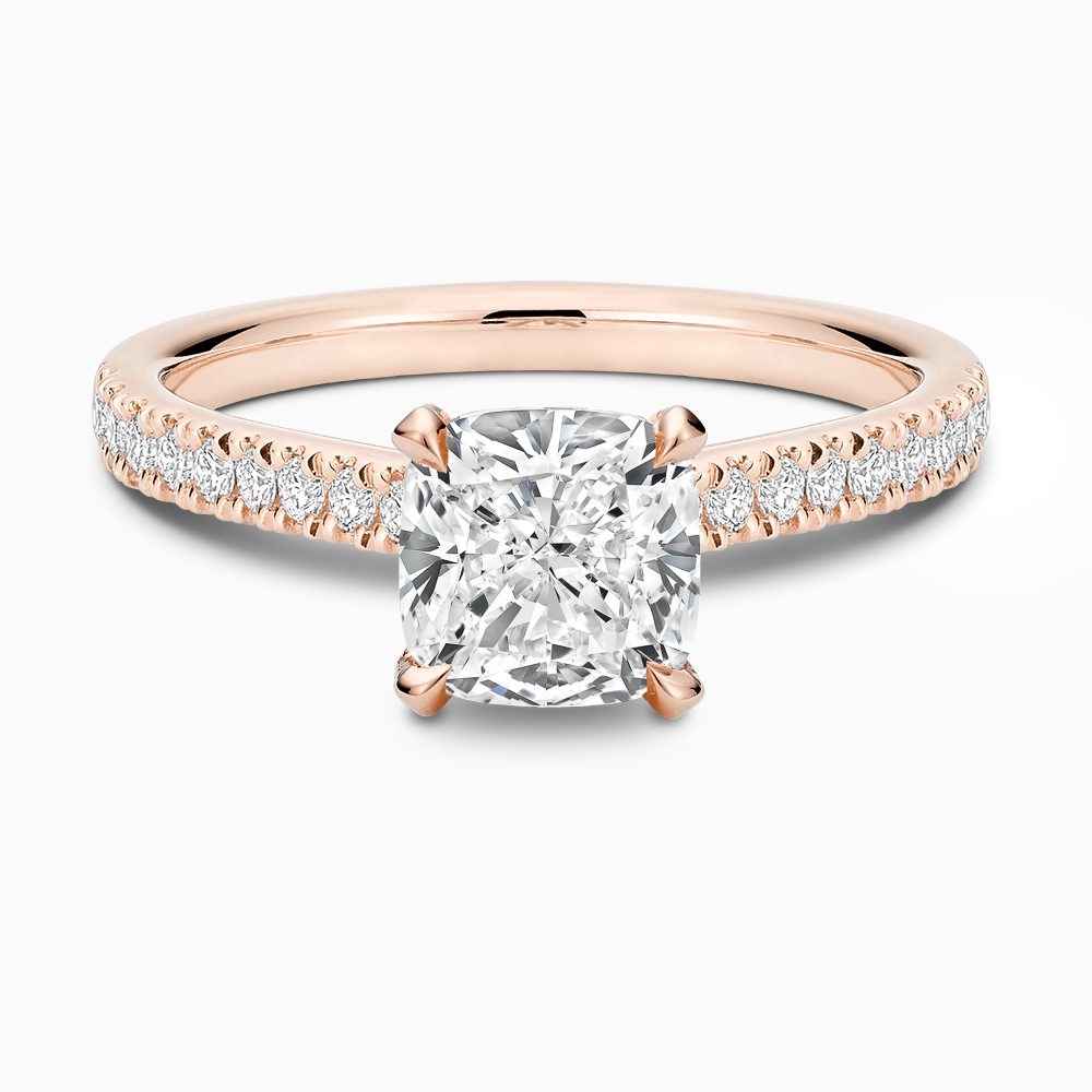 The Ecksand Love-Knot Diamond Engagement Ring with Eagle Prongs shown with Cushion in 14k Rose Gold