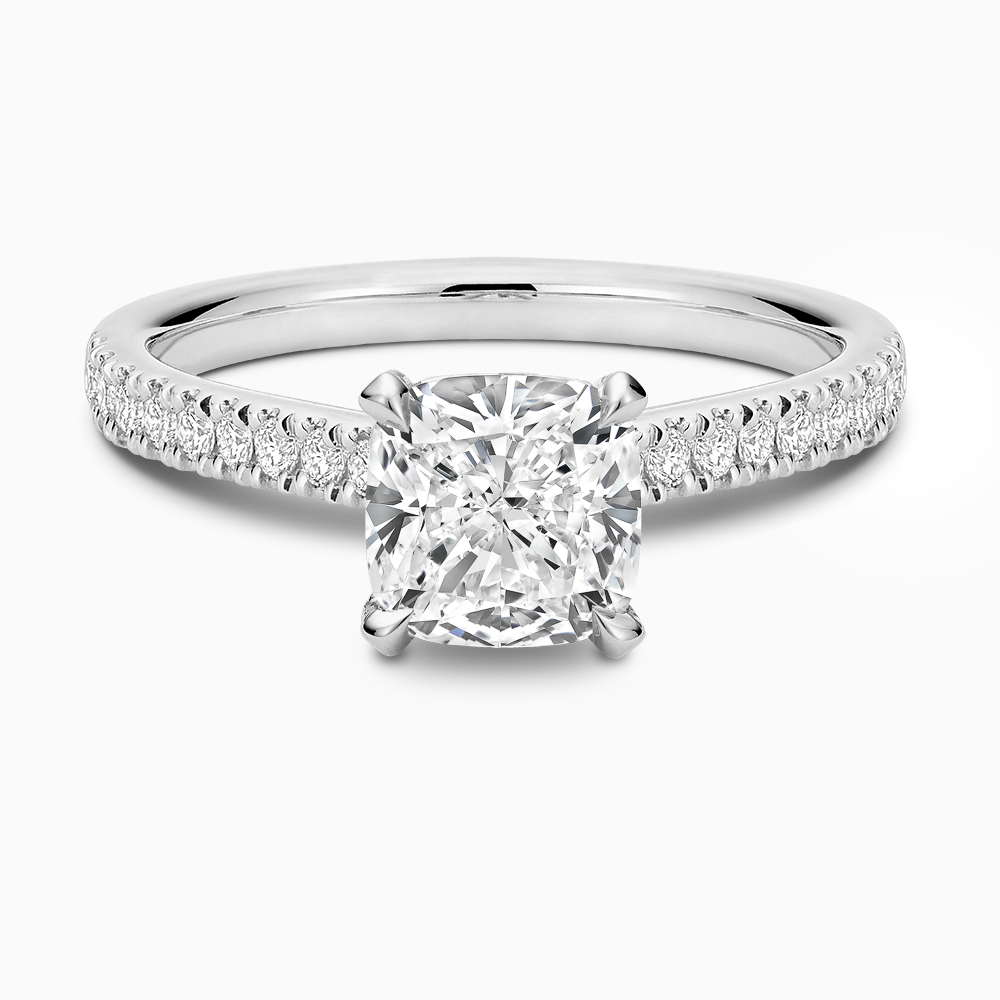 The Ecksand Love-Knot Diamond Engagement Ring with Eagle Prongs shown with Cushion in 18k White Gold