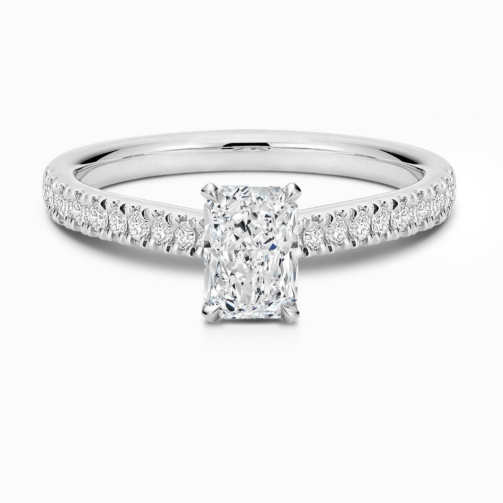 The Ecksand Love-Knot Diamond Engagement Ring with Eagle Prongs shown with Radiant in 18k White Gold
