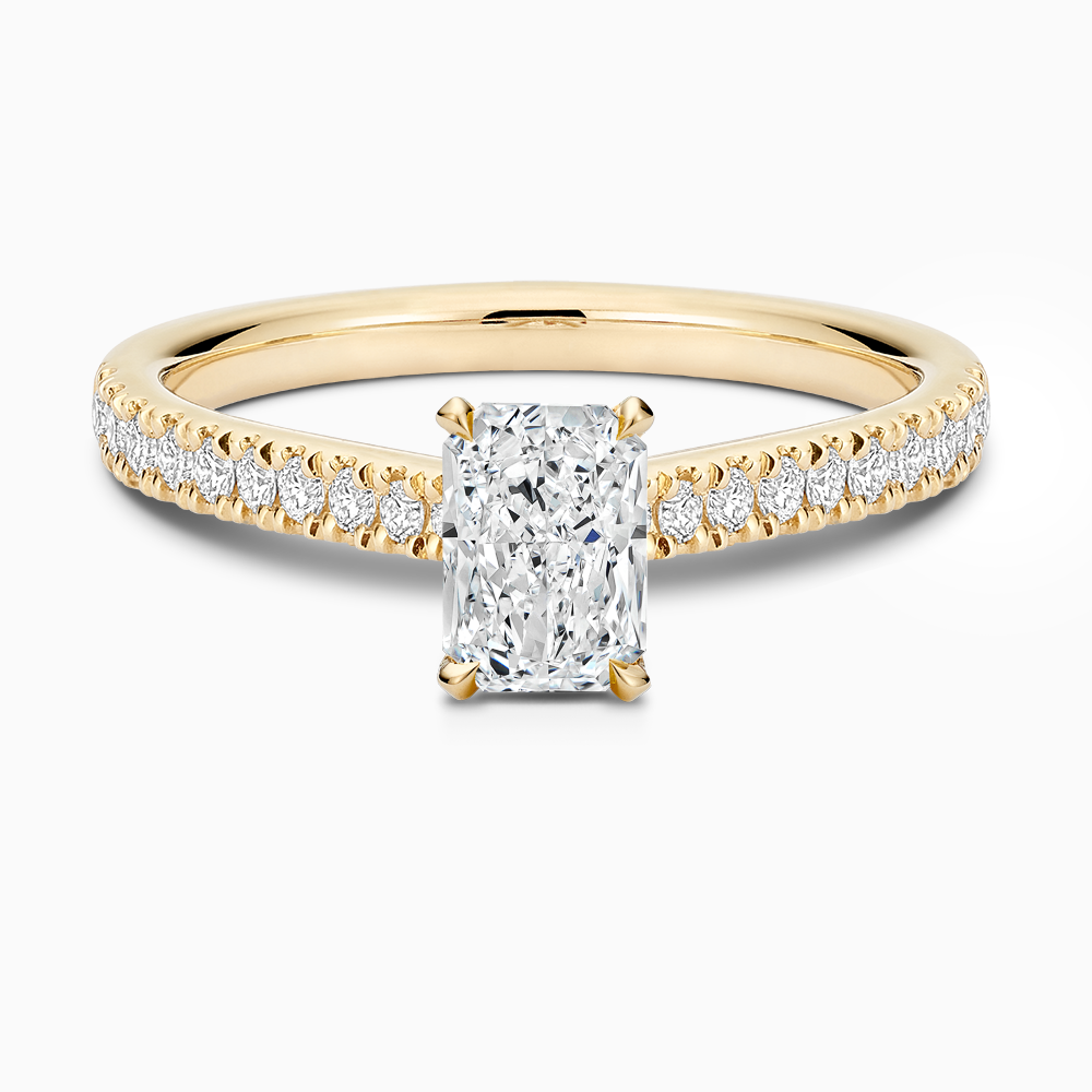 The Ecksand Love-Knot Diamond Engagement Ring with Eagle Prongs shown with Radiant in 18k Yellow Gold