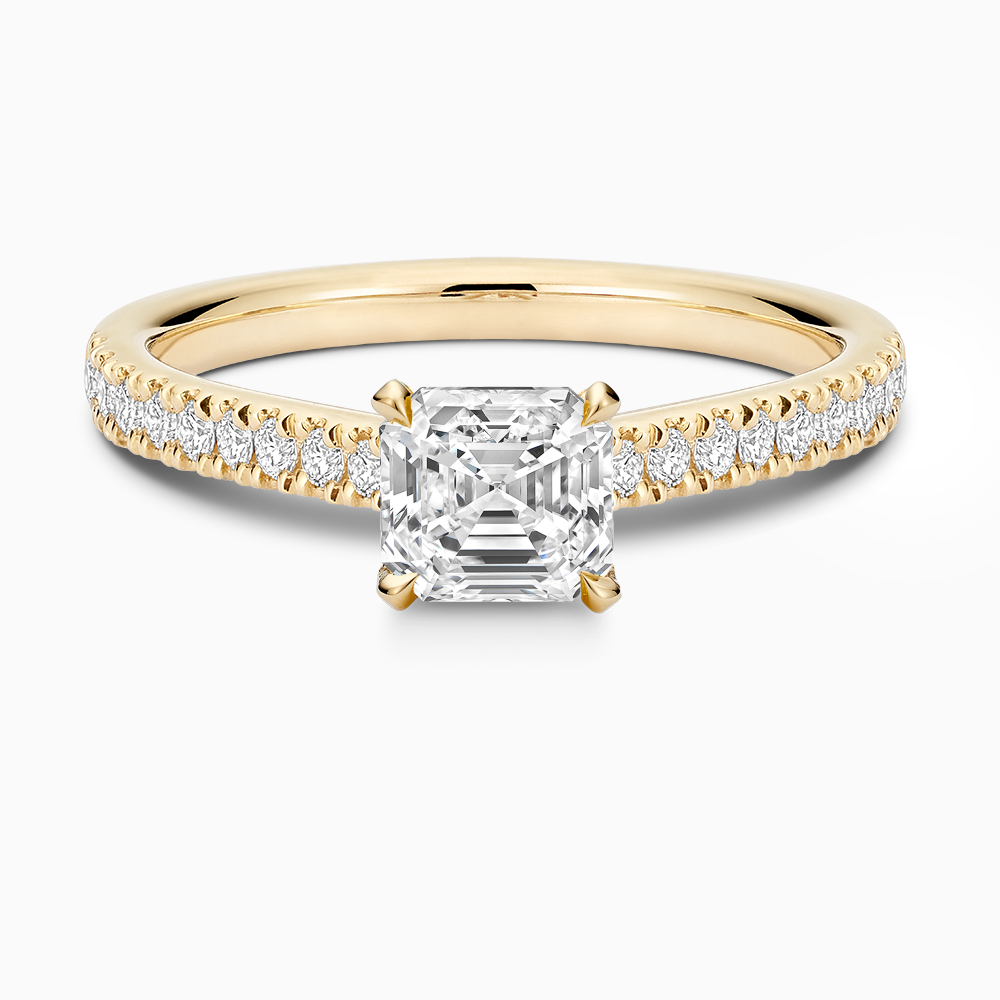 The Ecksand Love-Knot Diamond Engagement Ring with Eagle Prongs shown with Asscher in 18k Yellow Gold
