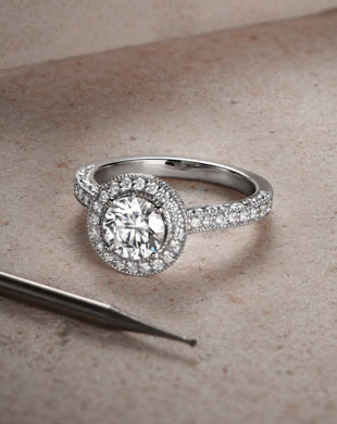 The Ecksand Bright-Cut Diamond Halo Engagement Ring with Pave Band