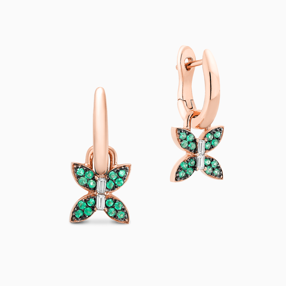 The Ecksand Butterfly Dangle Earrings with Accent Emeralds and Diamonds shown with Lab-grown VS2+/ F+ in 14k Rose Gold