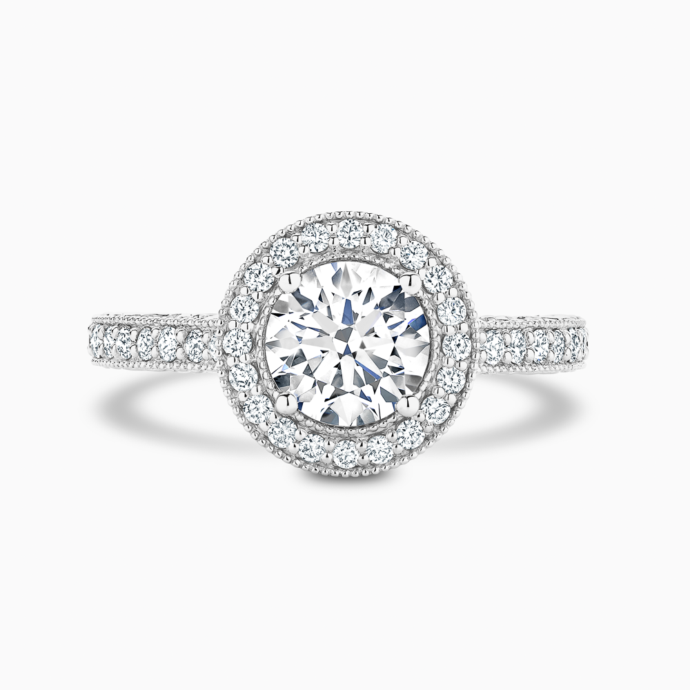 The Ecksand Diamond Halo Engagement Ring with Vintage Detailing shown with Round in Platinum
