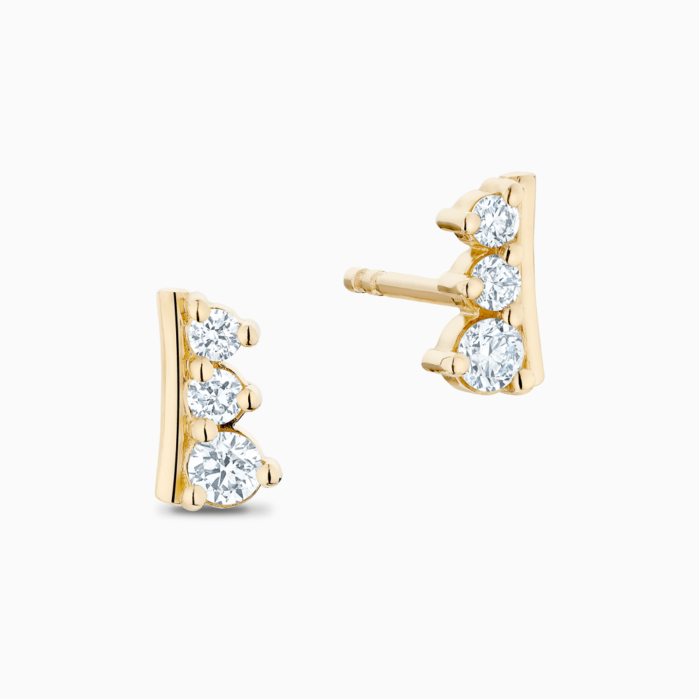 The Ecksand Asymmetrical Three-Diamond Stud Earrings shown with Natural VS2+/ F+ in 14k Yellow Gold