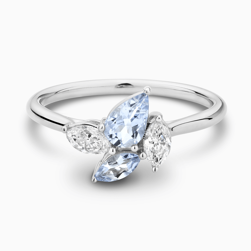 The Ecksand Cluster Diamond and Aquamarine Ring shown with Natural VS2+/ F+ in 18k White Gold