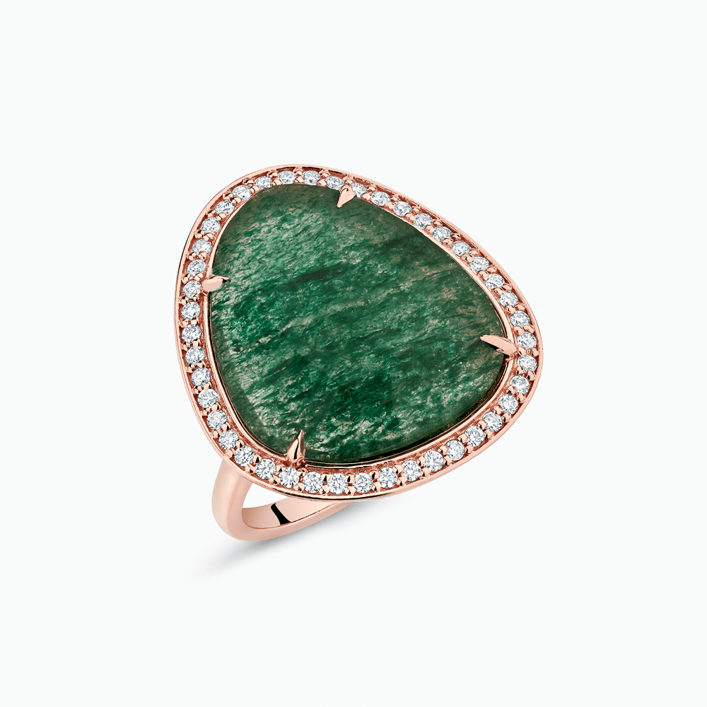 The Ecksand Rose-Cut Aventurine Cocktail Ring with Diamond Halo shown with Lab-grown VS2+/ F+ in 14k Rose Gold