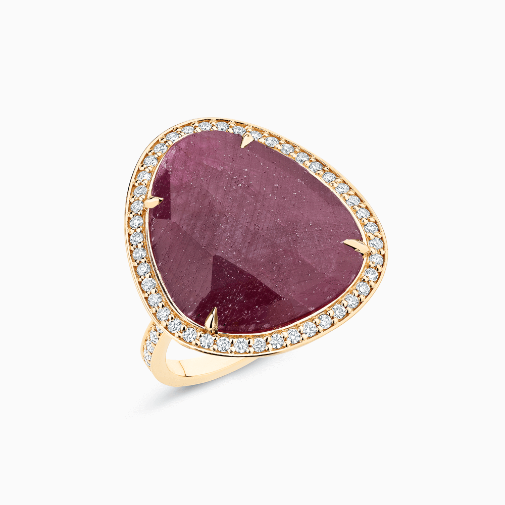 The Ecksand Ruby Cocktail Ring with Diamond Pavé and Halo shown with Lab-grown VS2+/ F+ in 18k Yellow Gold