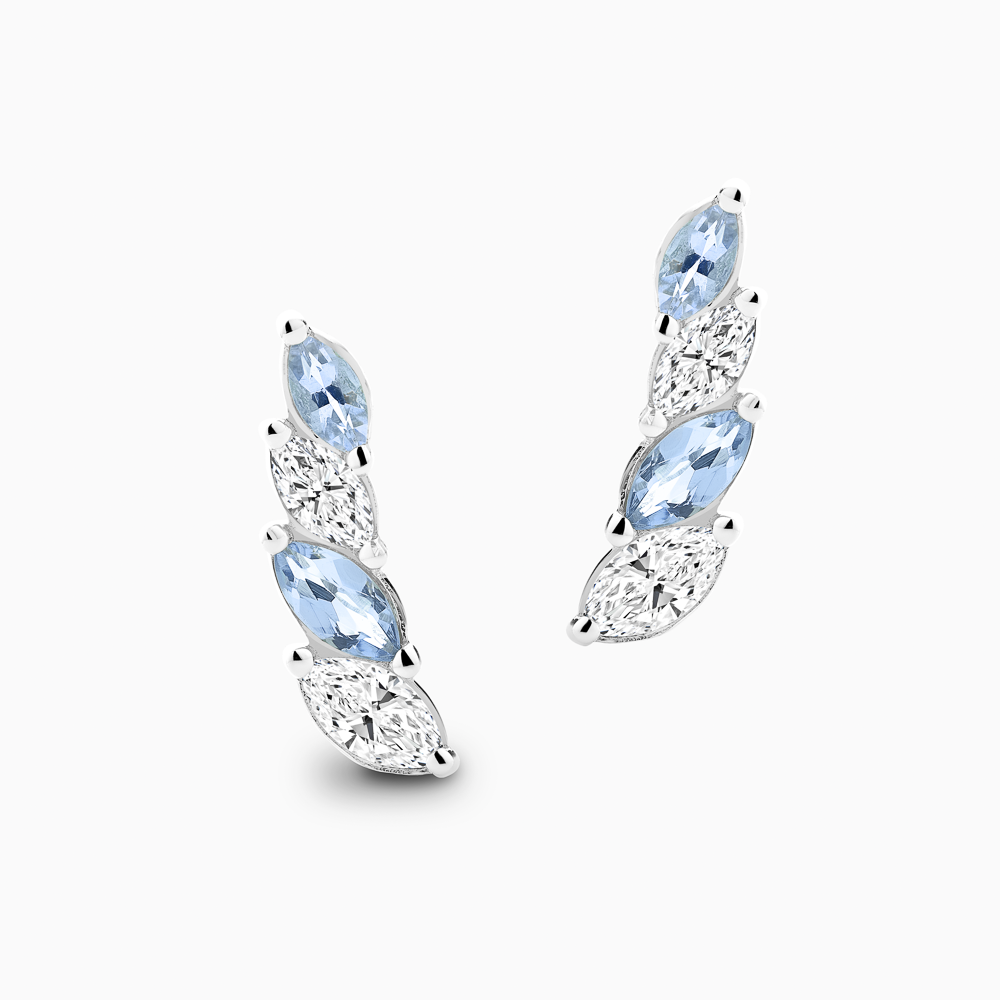 The Ecksand Diamond and Aquamarine Crawler Earrings shown with Natural VS2+/ F+ in 18k White Gold