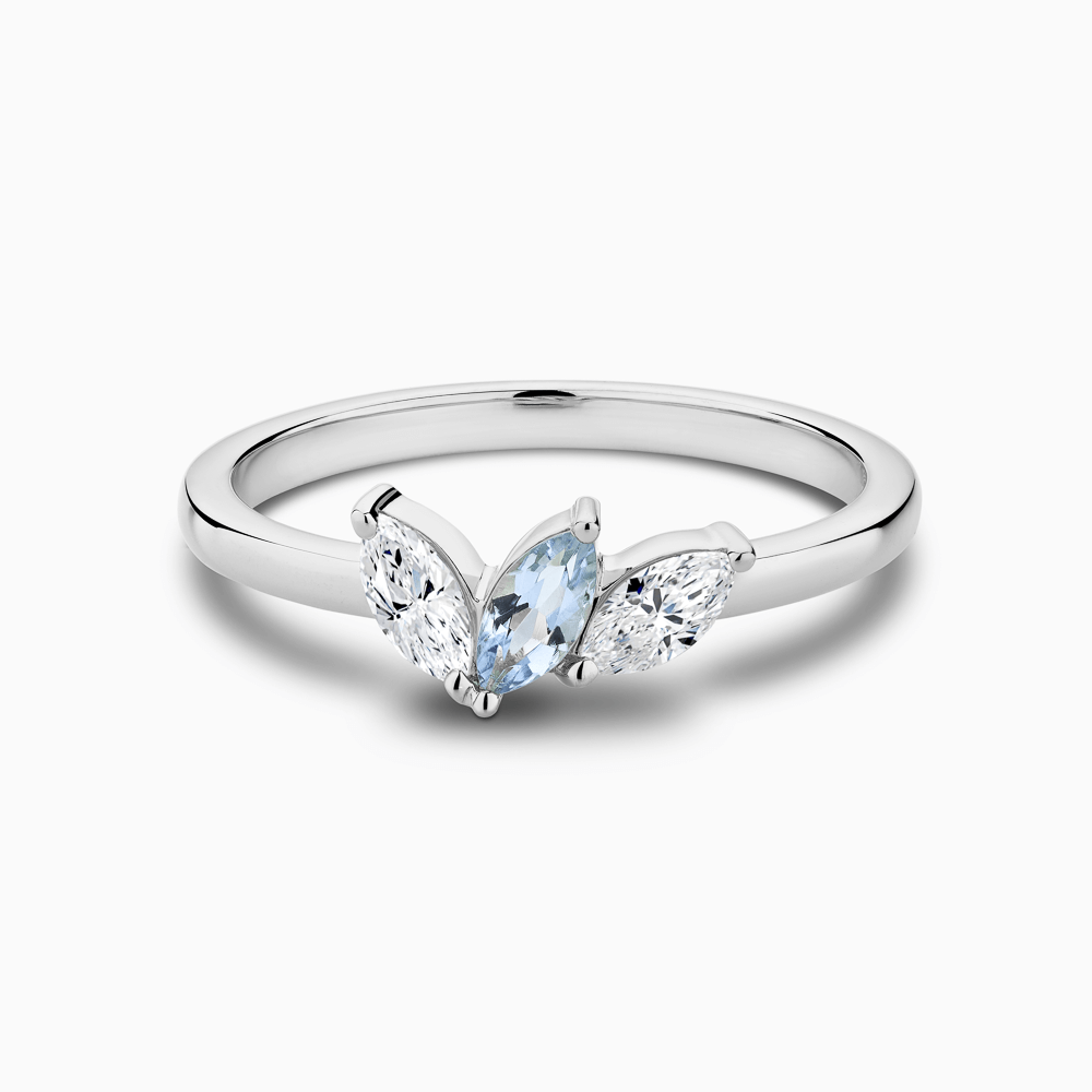 The Ecksand Three-Stone Diamond and Aquamarine Ring shown with Natural VS2+/ F+ in 18k White Gold