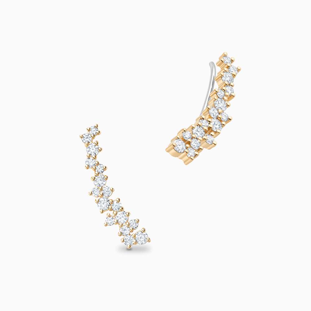 The Ecksand Asymmetrical Diamond Crawler Earrings shown with Natural VS2+/ F+ in 14k Yellow Gold