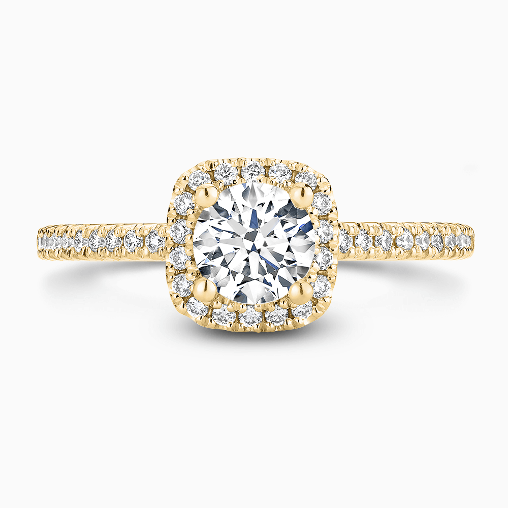 The Ecksand Cushion Halo Diamond Engagement Ring with Diamond Band shown with Round in 18k Yellow Gold