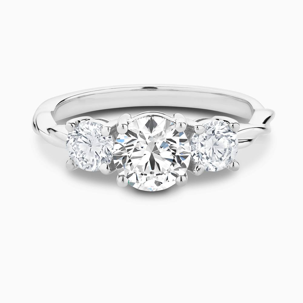 The Ecksand Three-Stone Diamond Engagement Ring with Twisted Band shown with Round in 18k White Gold