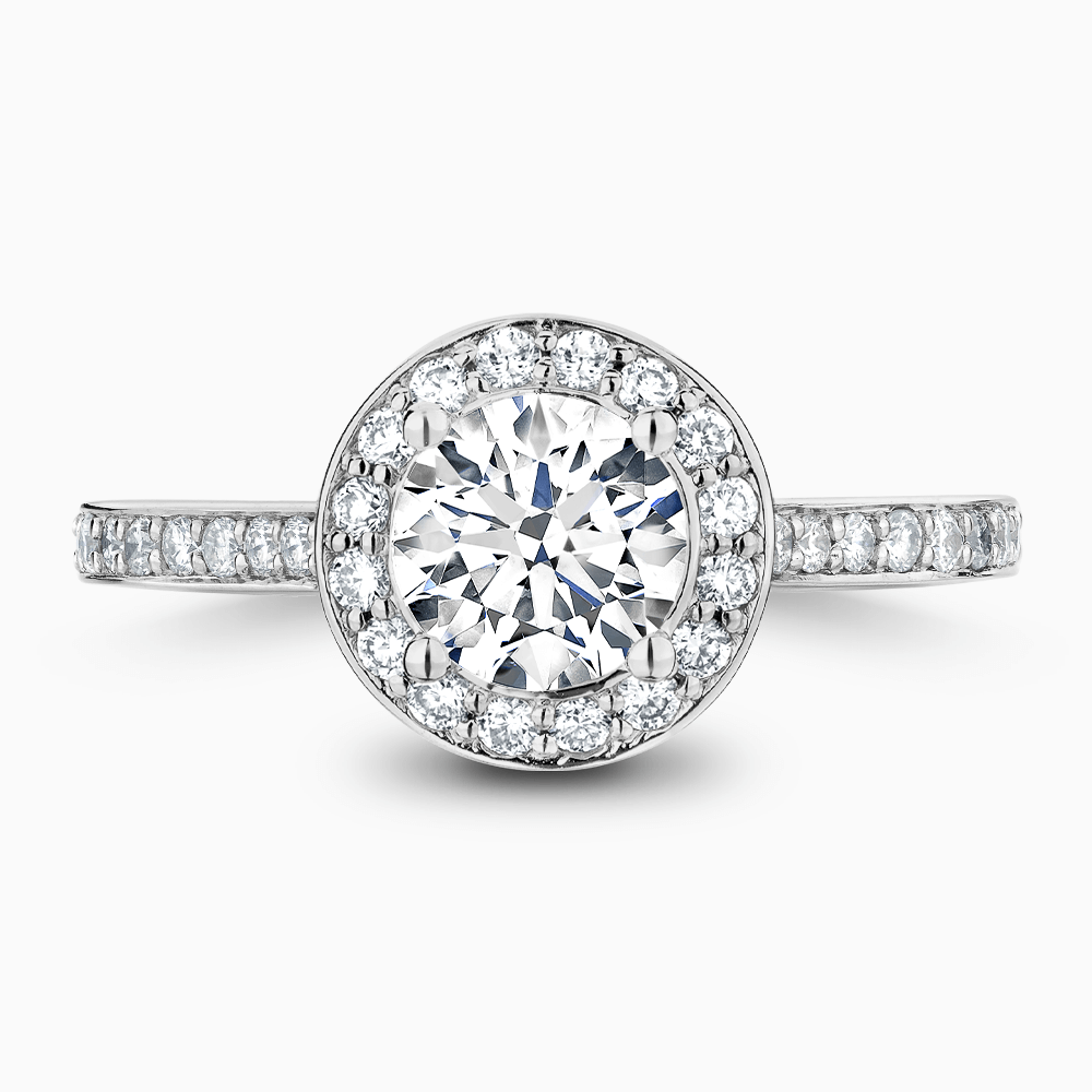The Ecksand Diamond Halo Engagement Ring with Bright-Cut Diamond Band shown with Round in 18k White Gold