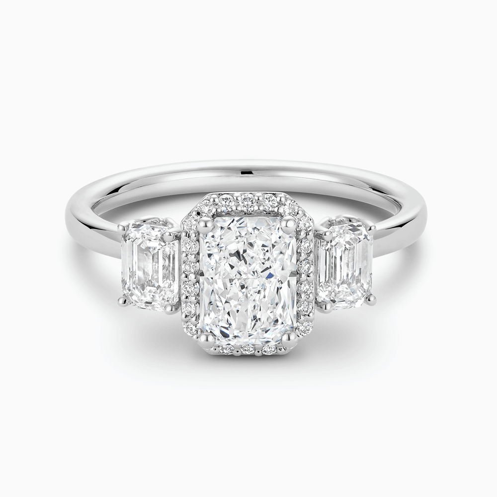 The Ecksand Knot-Basket Three-Stone Diamond Engagement Ring shown with Radiant in 18k White Gold