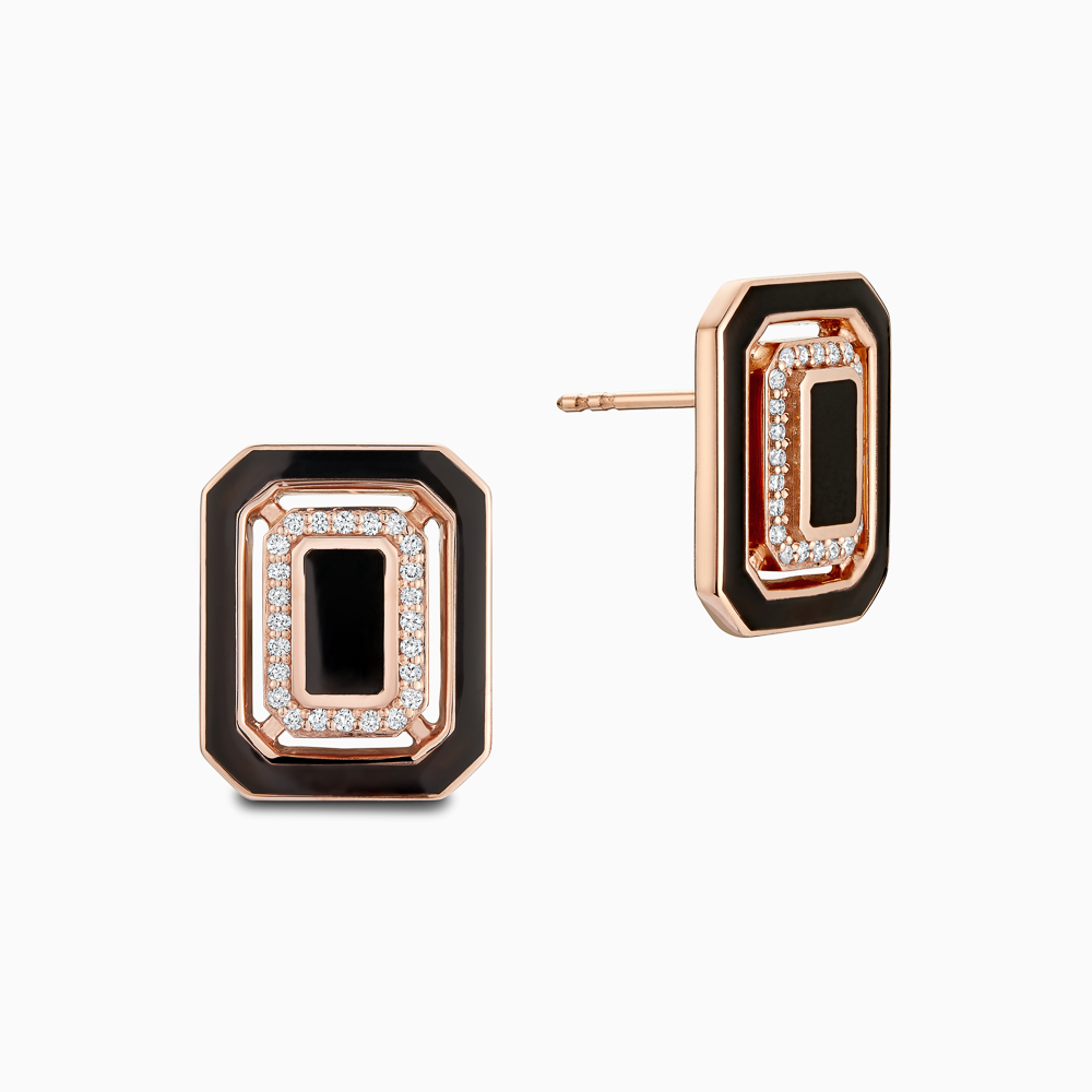 The Ecksand Geometric Black Enamel Earrings with Diamond Pavé shown with Lab-grown VS2+/ F+ in 14k Rose Gold