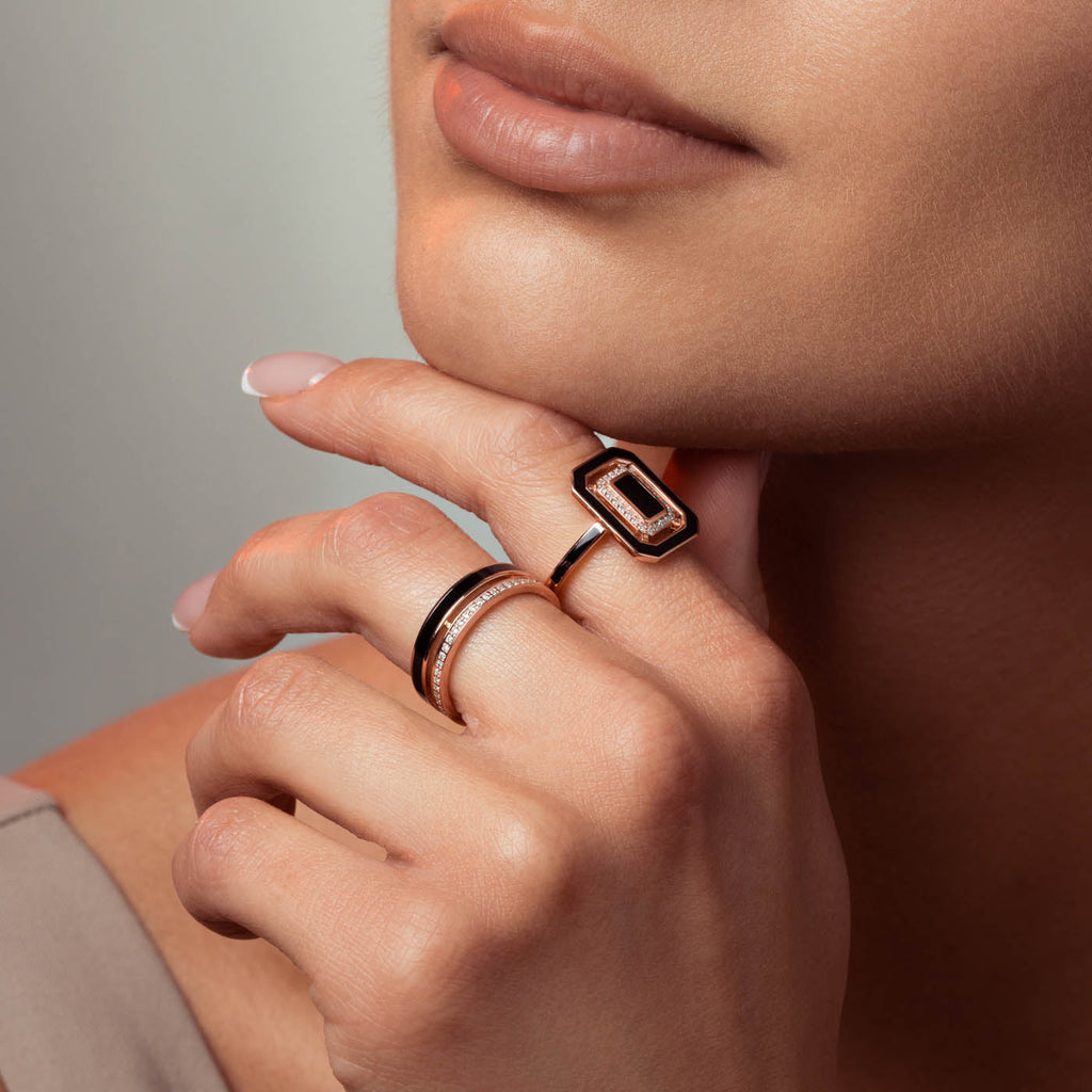 The Ecksand Geometric Black Enamel Ring with Diamond Pavé shown with  in 
