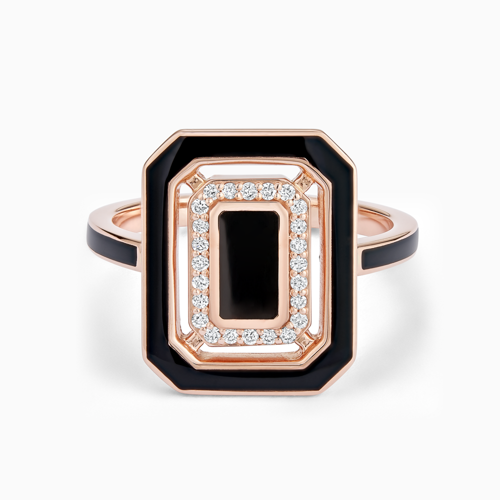The Ecksand Geometric Black Enamel Ring with Diamond Pavé shown with Natural VS2+/ F+ in 14k Rose Gold