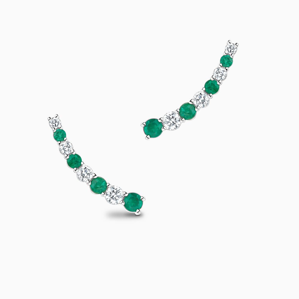 The Ecksand Cascading Emerald and Diamond Crawler Earrings shown with Natural VS2+/ F+ in 18k White Gold