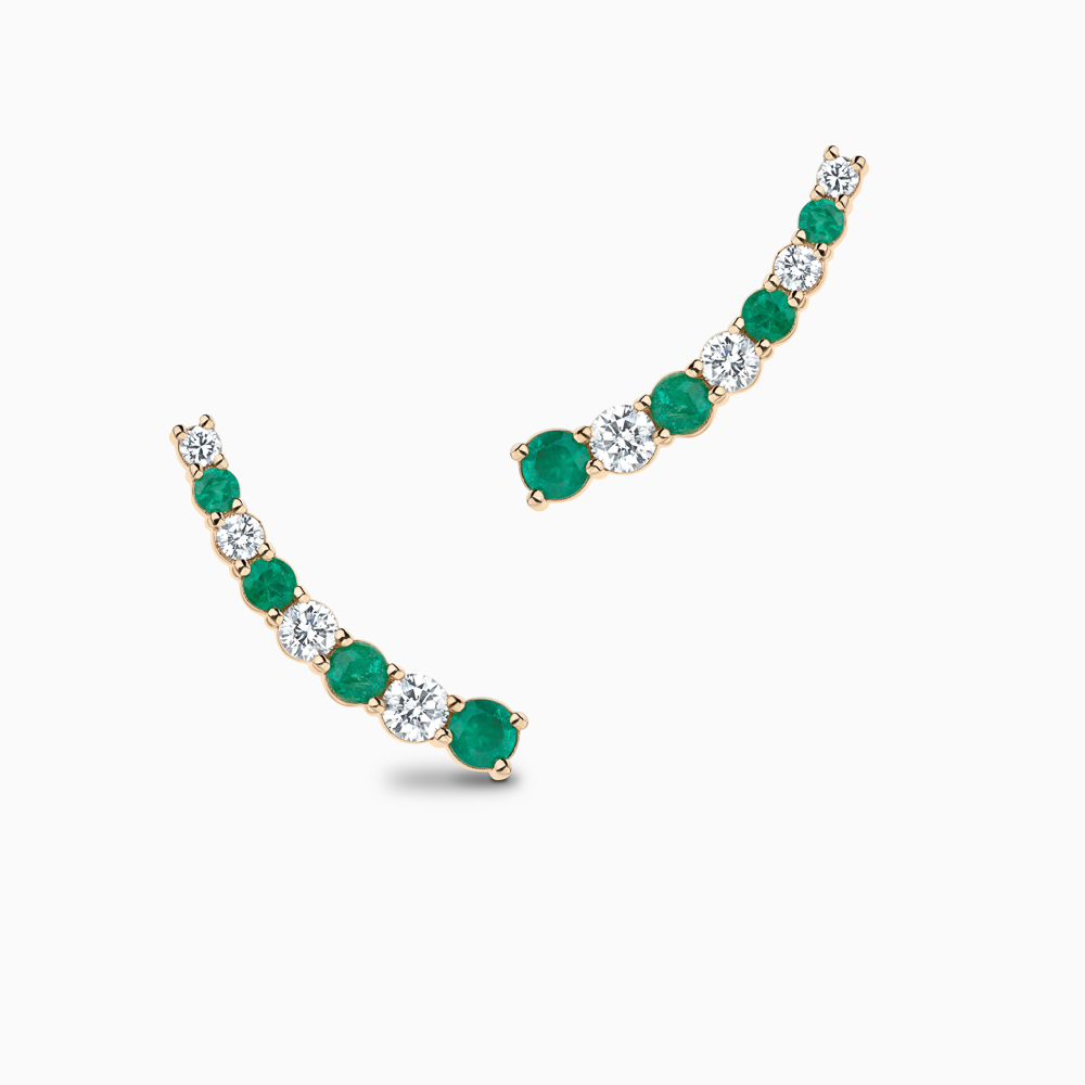 The Ecksand Cascading Emerald and Diamond Crawler Earrings shown with Natural VS2+/ F+ in 14k Yellow Gold