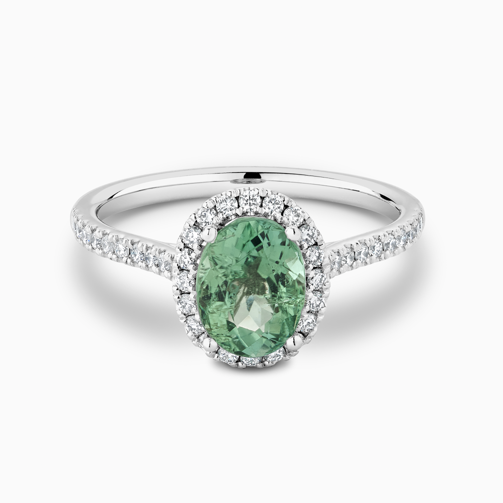 The Ecksand Diamond Halo Engagement Ring with Green Tourmaline shown with  in 18k White Gold