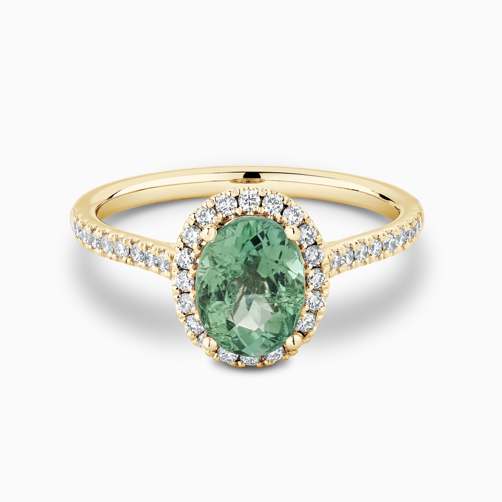 The Ecksand Diamond Halo Engagement Ring with Green Tourmaline shown with  in 18k Yellow Gold