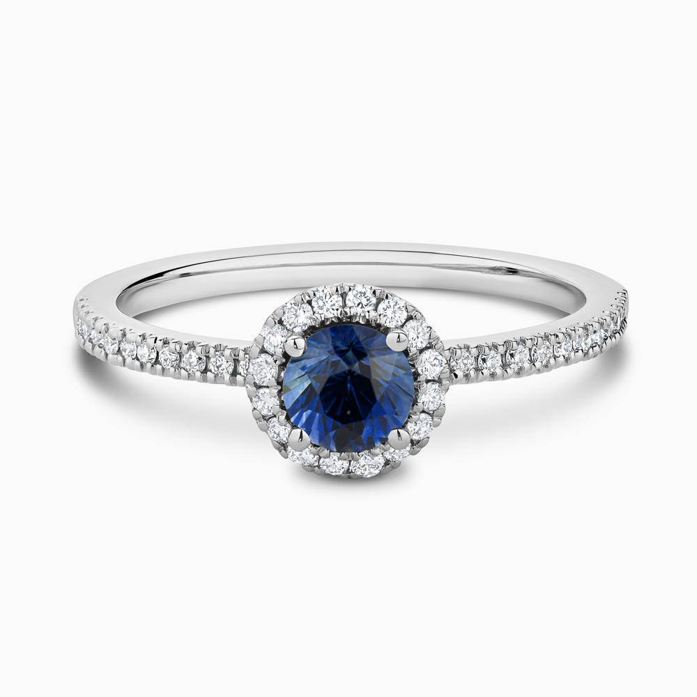 The Ecksand Diamond Halo Engagement Ring with Centre Blue Sapphire shown with  in 18k White Gold