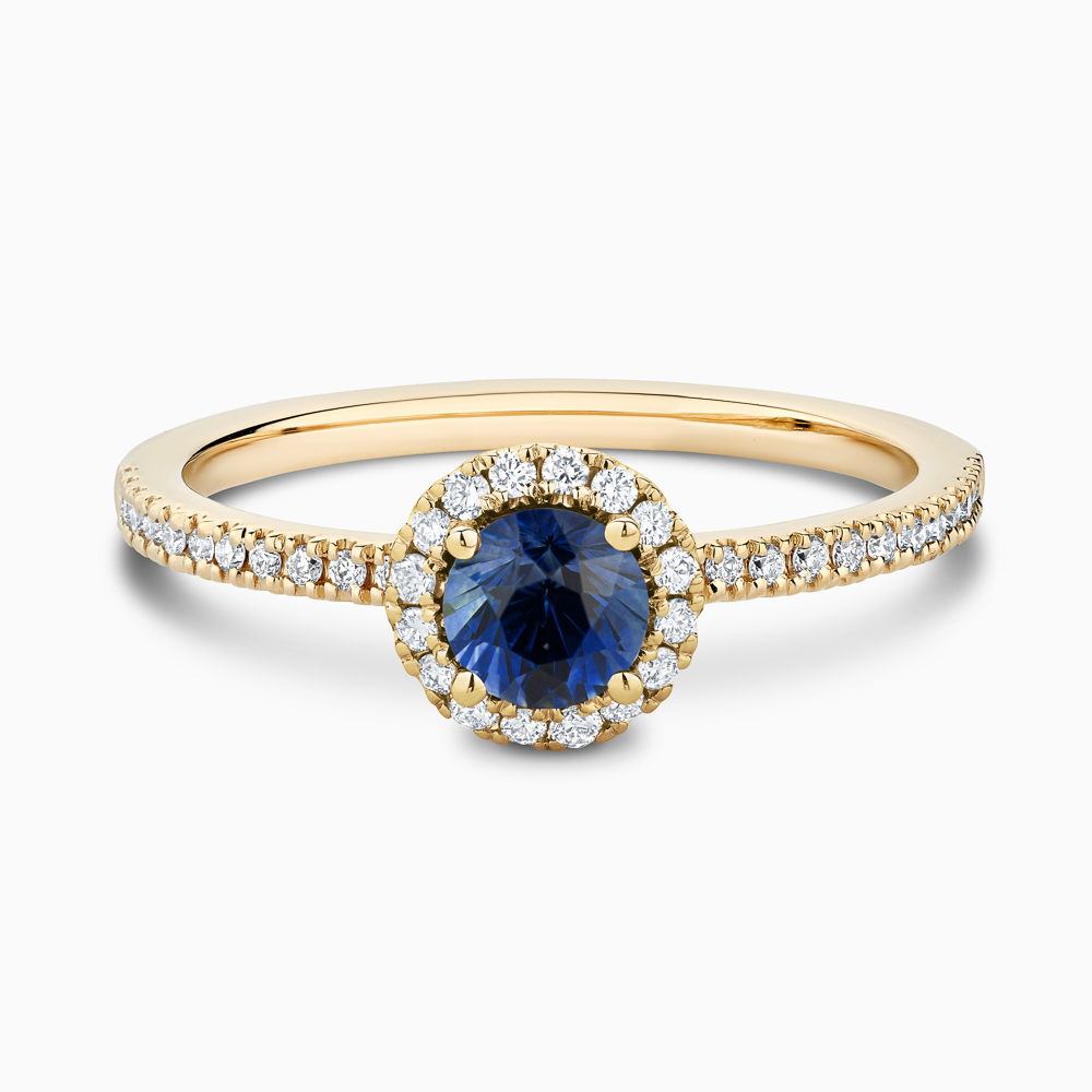 The Ecksand Diamond Halo Engagement Ring with Centre Blue Sapphire shown with  in 18k Yellow Gold