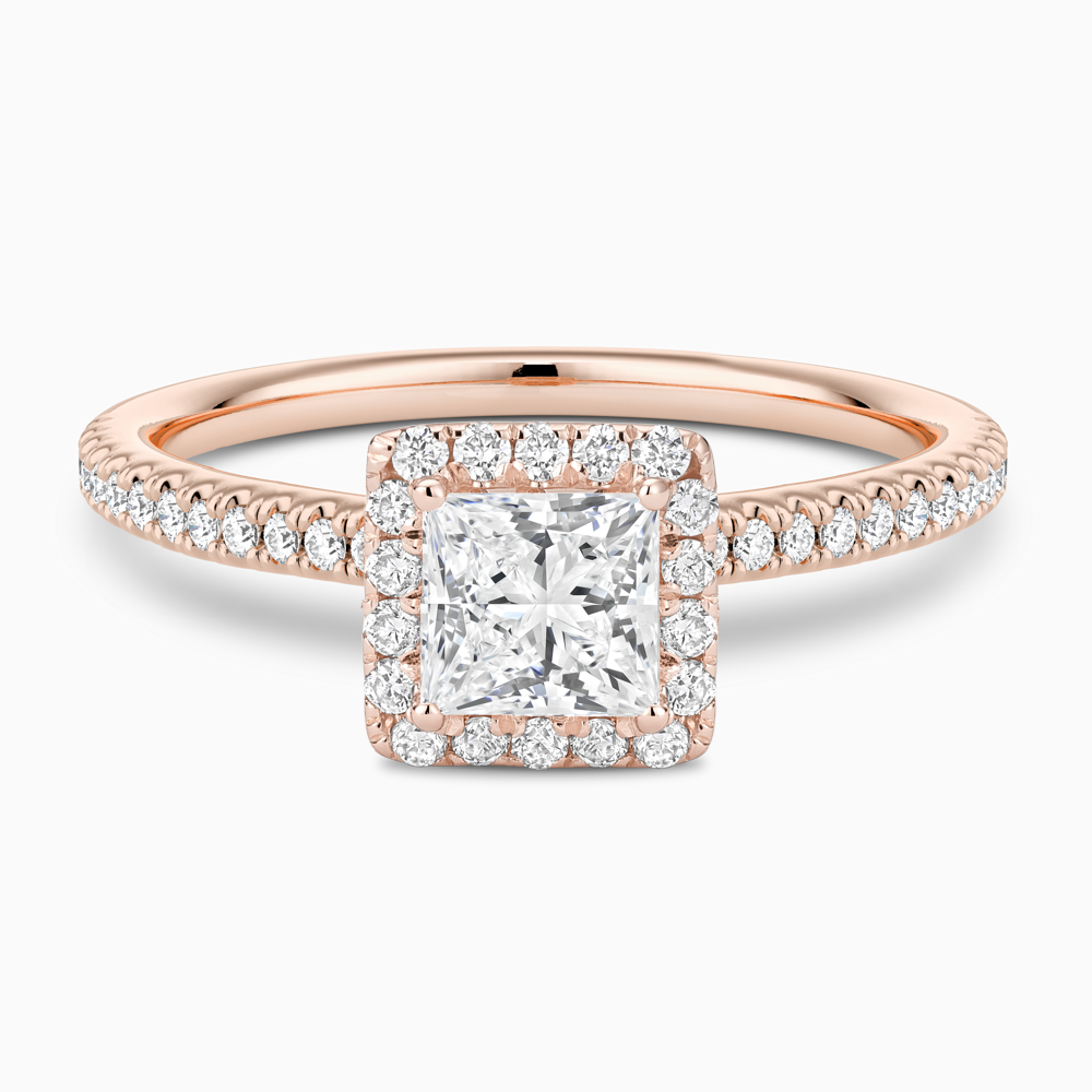 The Ecksand Diamond Halo Engagement Ring with Diamond Band shown with Princess in 14k Rose Gold