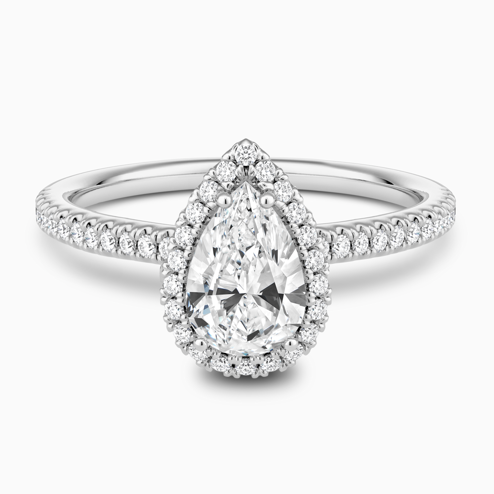 The Ecksand Diamond Halo Engagement Ring with Diamond Band shown with Pear in 18k White Gold