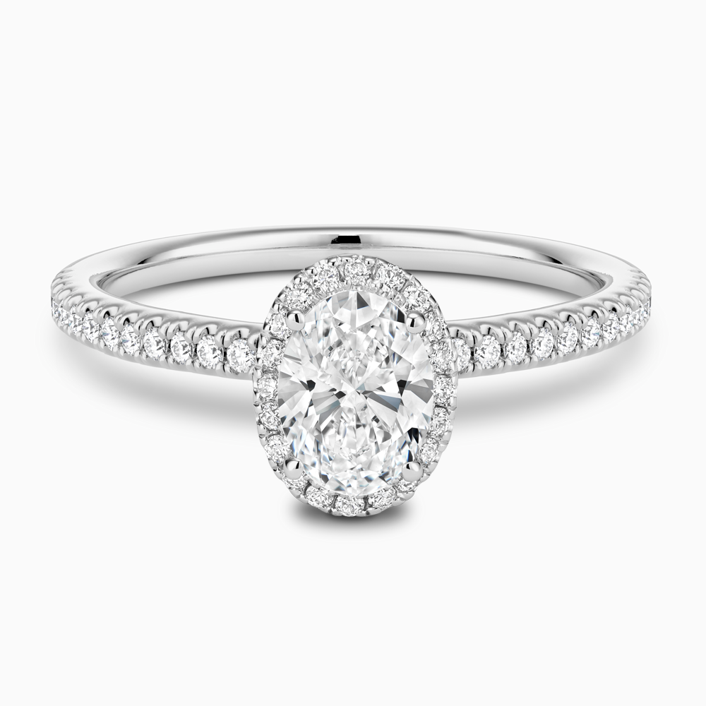 The Ecksand Diamond Halo Engagement Ring with Diamond Band shown with Oval in 18k White Gold