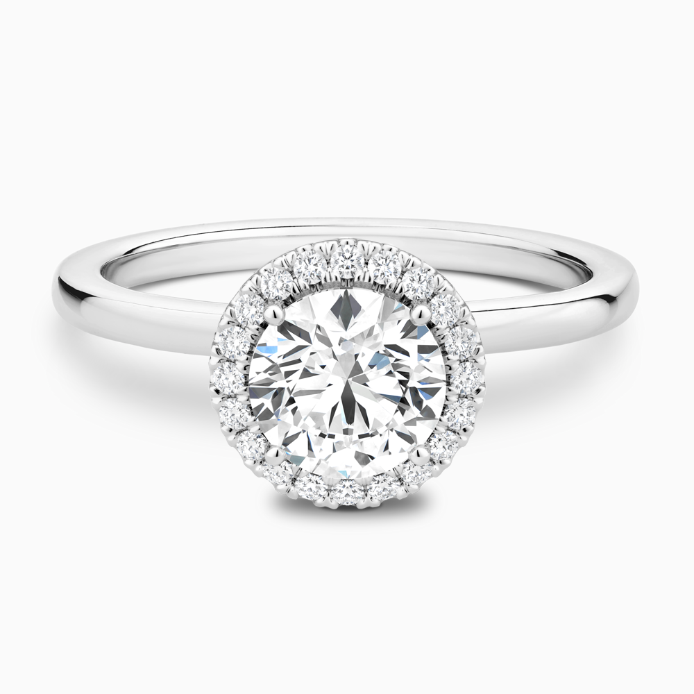 The Ecksand Iconic Diamond Halo Engagement Ring with Plain Band shown with Round in 18k White Gold