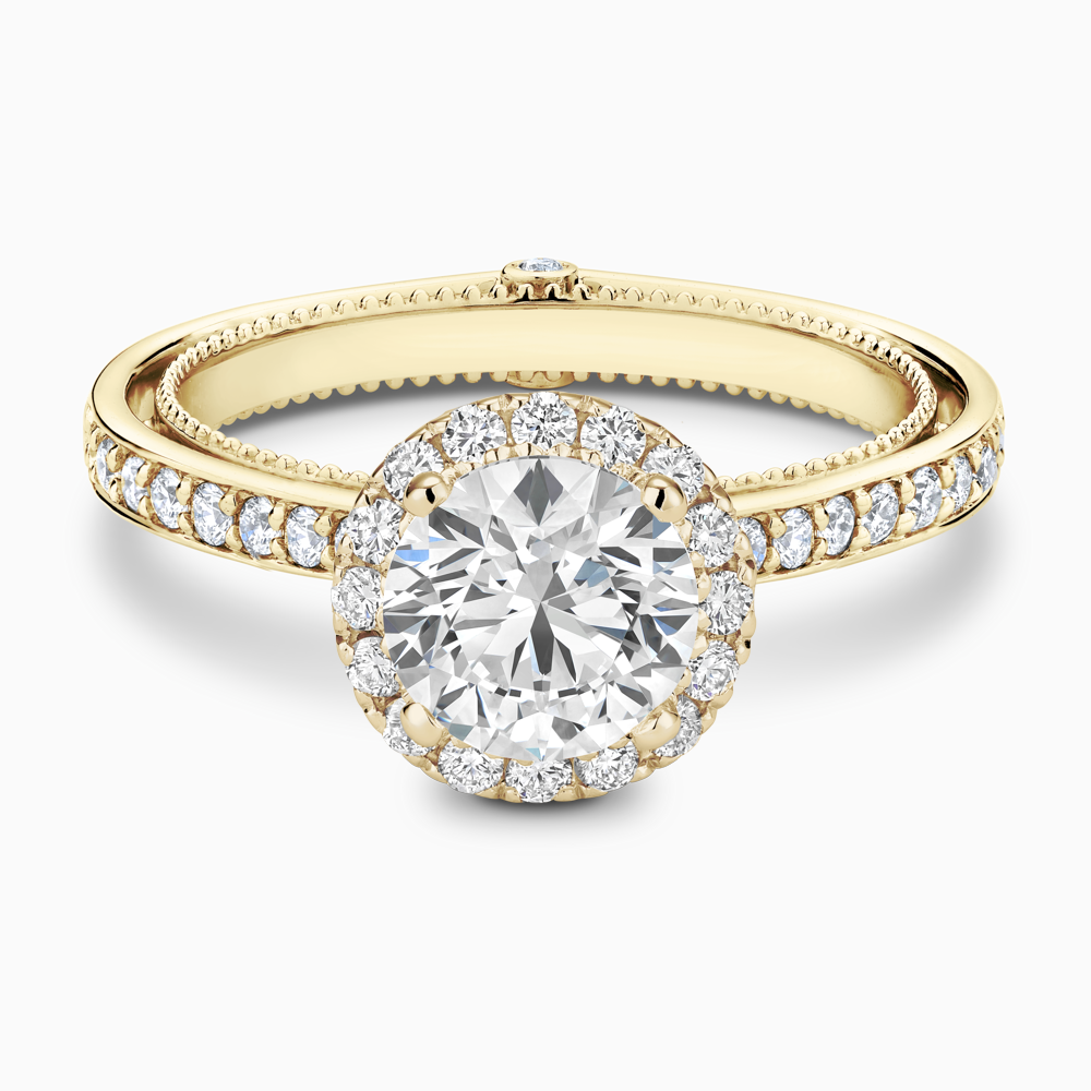 The Ecksand Diamond Halo Engagement Ring with Double Band shown with Round in 18k Yellow Gold