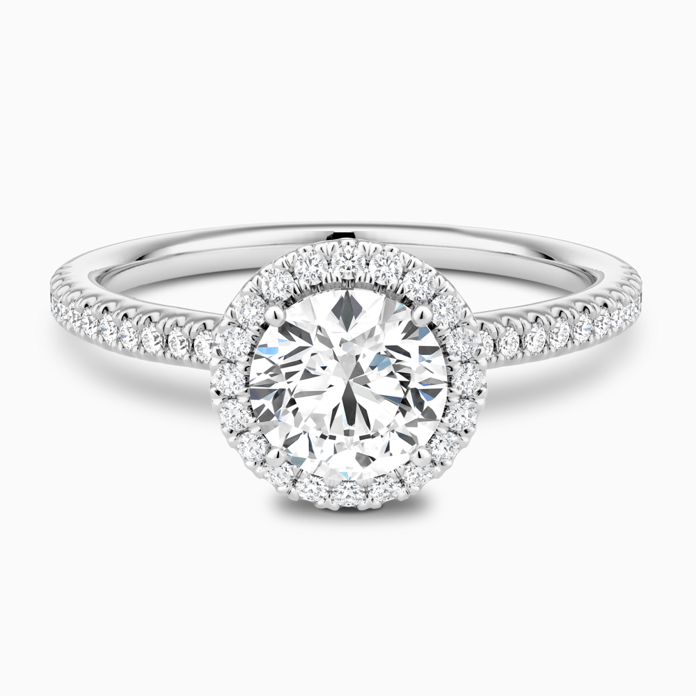 The Ecksand Diamond Halo Engagement Ring with Diamond Band shown with Round in 18k White Gold