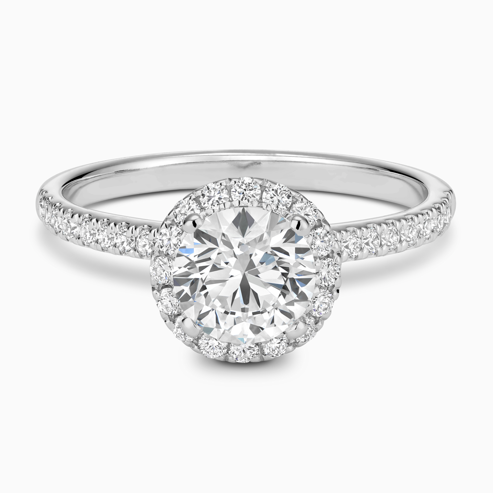 The Ecksand Diamond Engagement Ring with Diamond Halo, Pavé and Bridge shown with Round in 18k White Gold