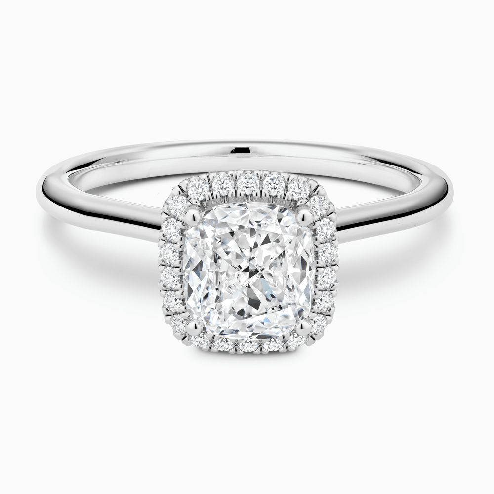 The Ecksand Cathedral-Setting Engagement Ring with Diamond Halo shown with Cushion in 18k White Gold