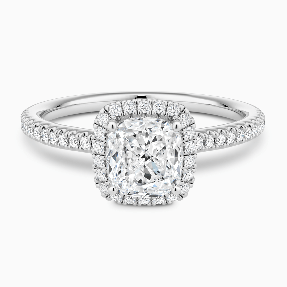 The Ecksand Diamond Halo Engagement Ring with Diamond Band shown with Cushion in Platinum