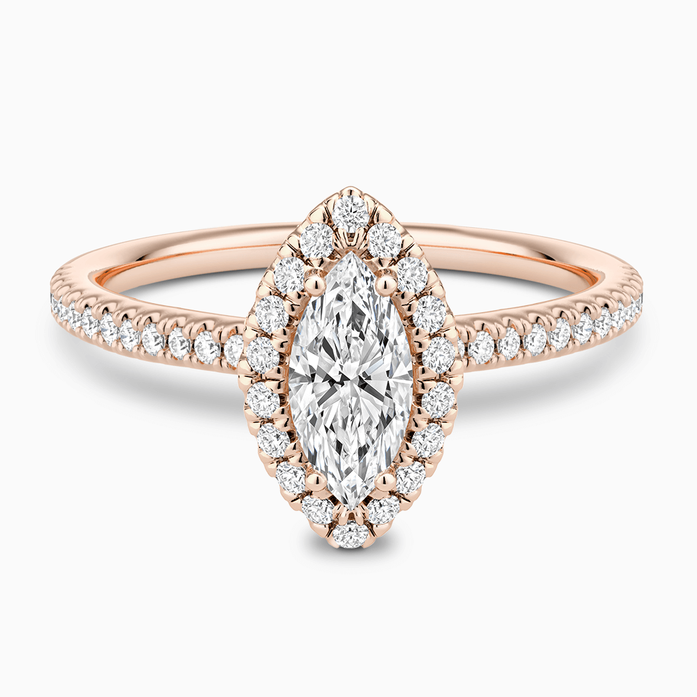 The Ecksand Diamond Halo Engagement Ring with Diamond Band shown with Marquise in 14k Rose Gold