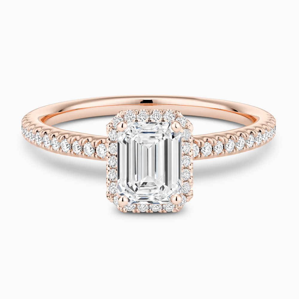 The Ecksand Diamond Halo Engagement Ring with Diamond Band shown with Emerald in 14k Rose Gold